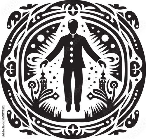 Stylized monochrome emblem featuring a levitating figure in ornamental frame