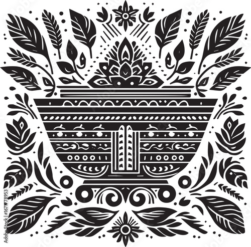 Monochrome stylized sanctuary art, botanical elements, symmetrical vector design