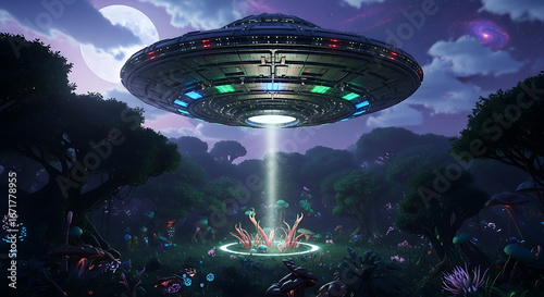 Ethereal UFO Abduction Beam Illuminates Mysterious Forest Clearing with Silhouetted Figures.