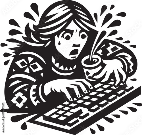 Folk art illustration of a woman spilling coffee on a keyboard in a panic state