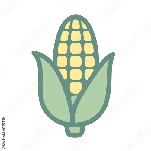 Cartoon Corn on the Cob with Green Leaves Bright Colors and Simple Style