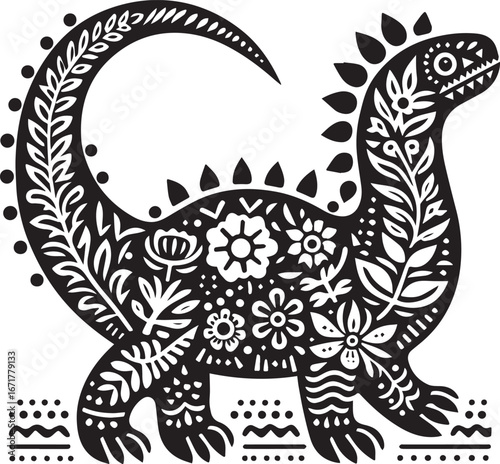 Scutosaurus stylized vector illustration adorned with folk art botanical motifs