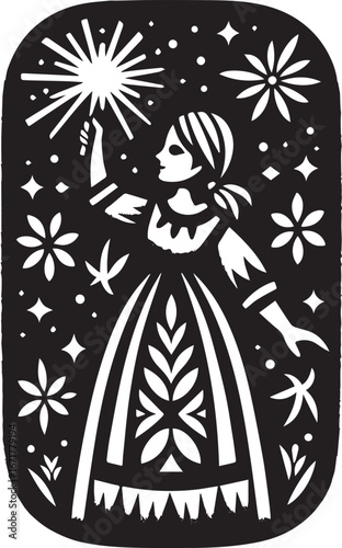 Whimsical celebration: folk art woman with sparkler in starry night design