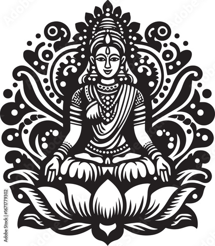 Ornate monochromatic depiction of a deity seated on a stylized lotus flower
