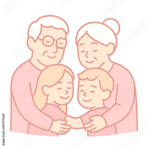 Warm Elderly Family Group Hug Illustration Depicting Grandparents with Adult Children and Grandchildren in Soft Pastel Colors