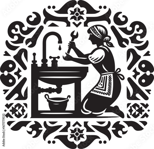 Monochrome folk art depiction of a woman plumber repairing a sink with ornamental borders