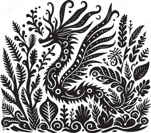 Stylized leafy sea dragon emblem surrounded by flourishing botanical elements