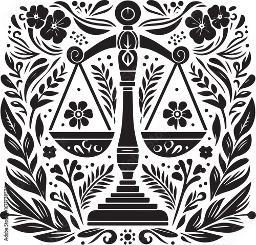 Intricate floral folk art representation of the scales of justice emblem