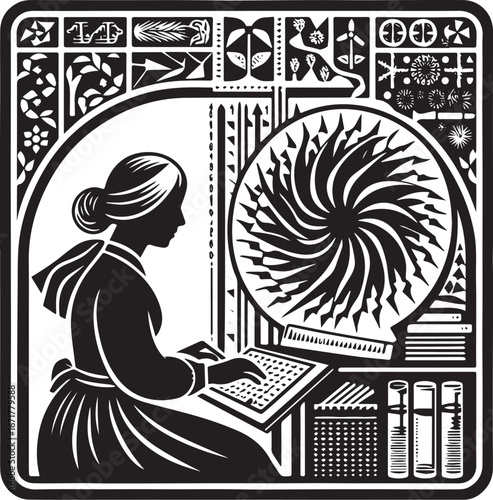 Vintage illustration of a female scientist analyzing airflow data pattern