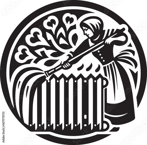 Artistic stencil of a woman diligently cleaning radiator in vintage style emblem