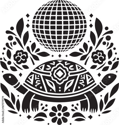 Whimsical black and white folk art turtle with disco ball and botanical elements