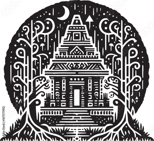 Stylized graphic depiction of an ancient temple nestled within surreal foliage