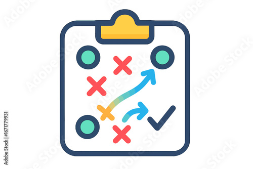 Conceptual strategy plan on clipboard with arrows and marks strategic operations chart
