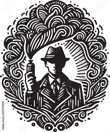 Monochromatic vector badge of a figure releasing smoke, vintage stylized art