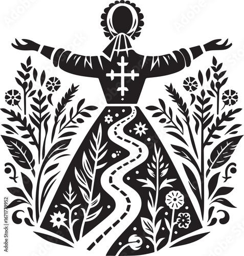 Stylized Pilgrimage Route Emblem with Botanical Accents in Folk Art Silhouette
