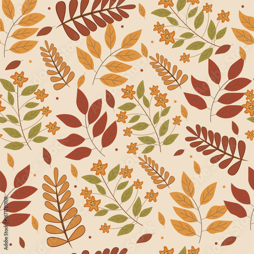 Print Autumn leaves seamless pattern stylized fall foliage with vibrant leaves seasonal themed background illustration  wrapping paper, textiles, fabric, card, backgrounds, seasonal products, stroy,