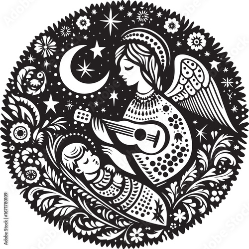 Serene serenade: An angel's lullaby to a sleeping child in whimsical folk art