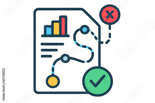 Document with flowchart and icons representing approval and rejection project planning path