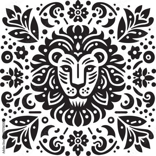 Stylized Leo Zodiac Sign in Folk Art Style with Floral Elements, a Celestial Design