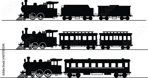 Vintage train silhouette set, steam locomotive vector, old railway transportation clipart, retro train cars illustration, black isolated railroad graphic
