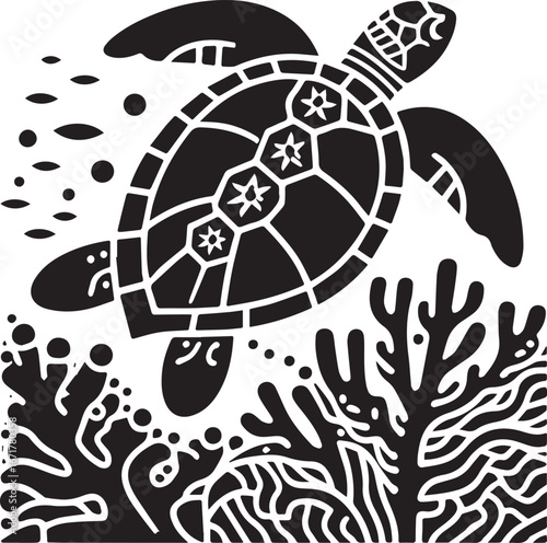 Stylized sea turtle with floral motif gliding gracefully over a coral reef wall