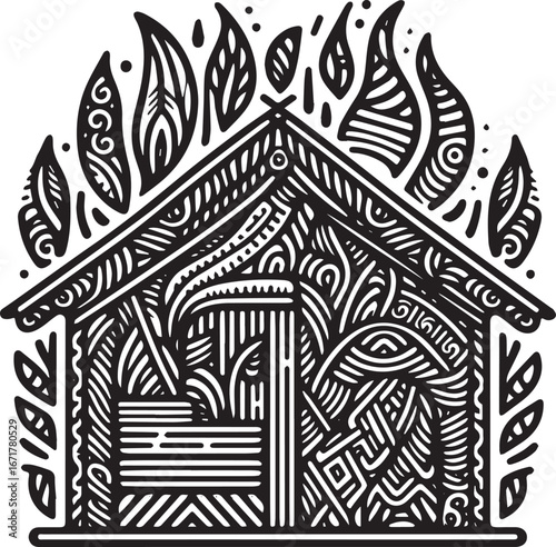 Stylized Sauna Icon with Flame-like Accents, Zentangle Art, Black and White