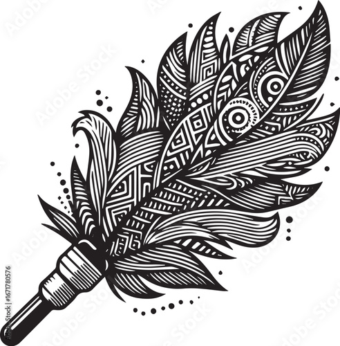 Detailed zentangle feather illustration with intricate patterns and linework