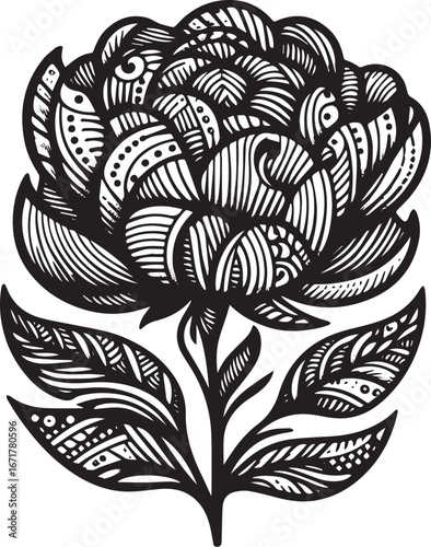 Elegant Peony Bloom Badge with Intricate Zentangle-Inspired Artistry in Black and White