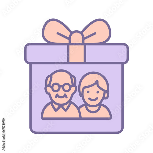 Cute Cartoon Gift Box with Elderly Man and Woman Inside in Soft Pastel Colors