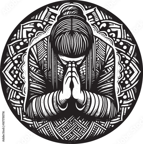 Ornamental illustration of a bowing figure in a zentangle-inspired design