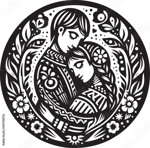 Embracing love folk art couple illustration in black and white floral emblem