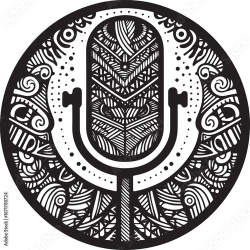Intricate Zentangle Style Microphone Emblem: A Black and White Vector Illustration