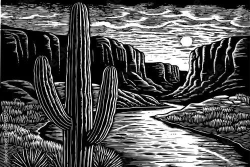 Organ pipe cactus standing by flowing canyon river, moonlit reflections highlighting rocky cliffs and desert terrain, elegant black and white sketch.