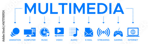 Multimedia banner web icon vector illustration concept with icon of animation, computer, music, video, audio, e-mail, streaming, gaming and internet.