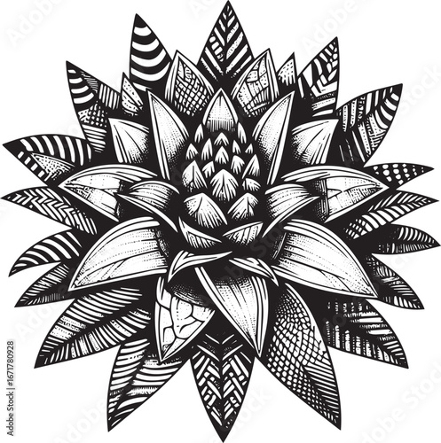 Monochrome bromeliad floral illustration, vector zentangle art style, ornamental isolated cutout