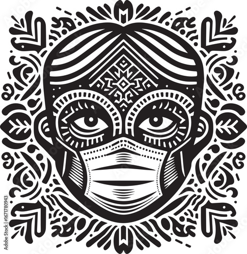 Stylized folk art representation of a masked figure in monochrome design