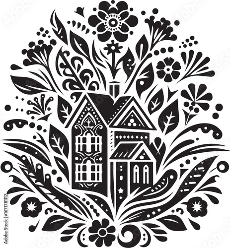 Monochrome floral home illustration featuring a charming folk art design aesthetic
