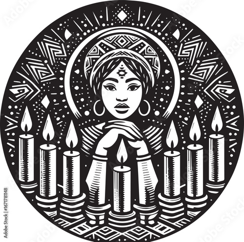 Elegant Kwanzaa Celebration Emblem Featuring a Woman and Symbolic Candles