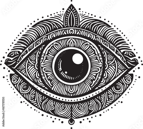 Abstract eye artwork with intricate black and white detailed patterns design