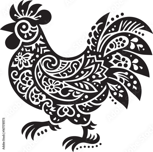Stylized Rooster Illustration with Ornate Folk Art Design in Black and White