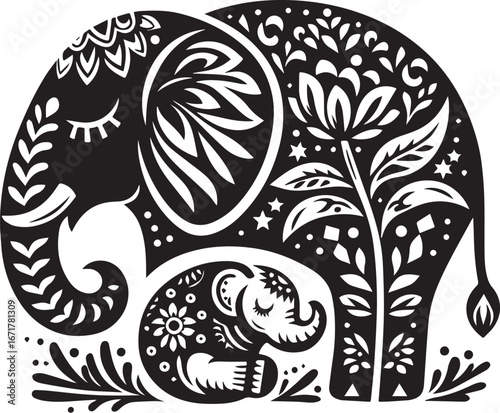 Stylized elephant family slumber in botanical embrace folk art illustration