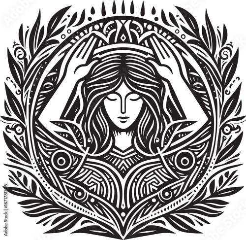 Elegant monochromatic vector design featuring a symbolic female figure emblem
