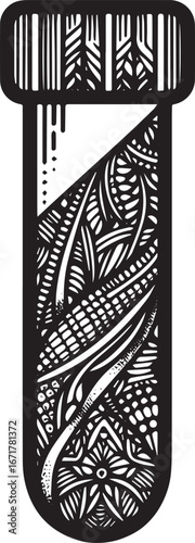 Detailed Monochrome Zentangle Art: A Stylized Cracked Test Tube Vector Design