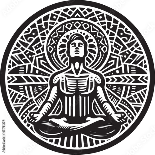 Zen Meditation: Man in Lotus Position with Geometric Mandala, Isolated Design