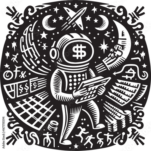 Galactic stock broker making calculations of his revenue in cosmos folk art style
