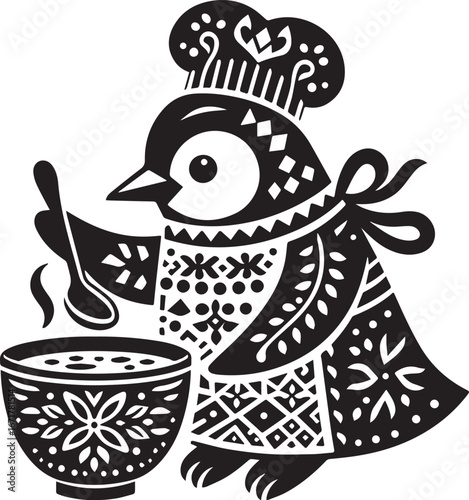 Stylized penguin chef preparing heartwarming soup with decorative details