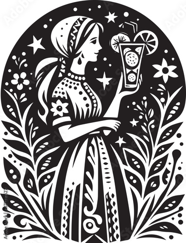 Stylized monochrome composition of a woman enjoying infused water artwork