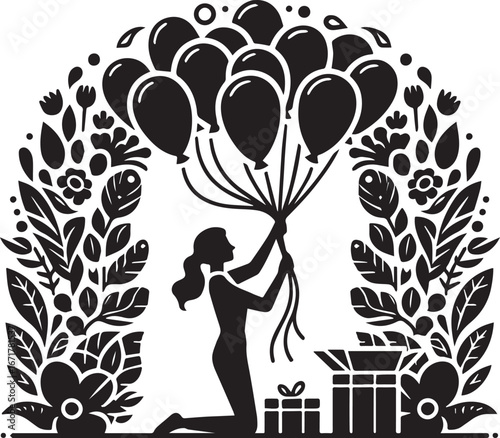 Silhouette of a woman creating a floral balloon arch, adorned with gifts and botanical elements