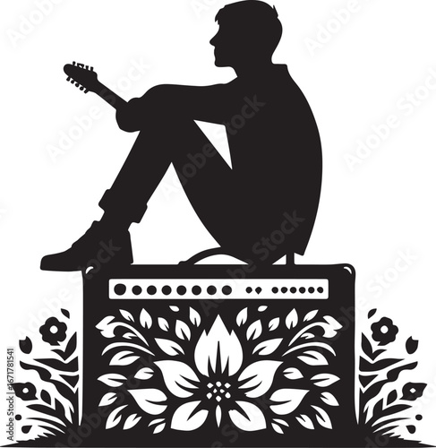Silhouette Musician Sits on Floral Amplifier in Minimalist Botanical Art Style