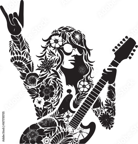 Floral rockstar silhouette vector illustration with intricate botanical patterns